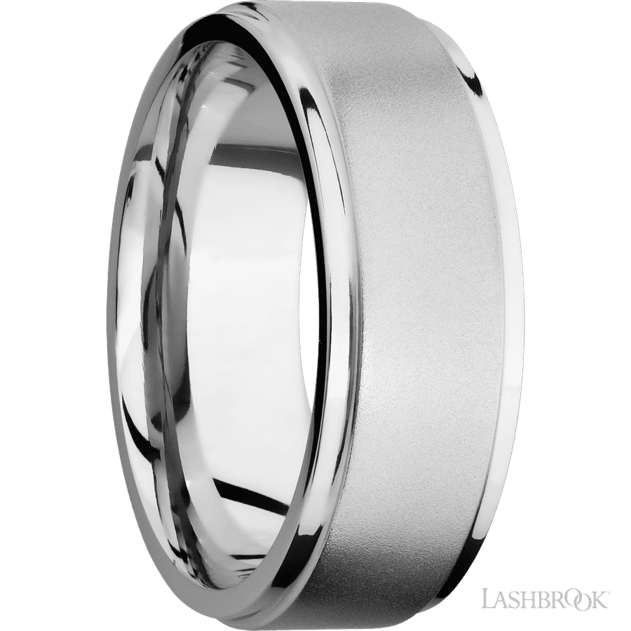 8 mm wide Flat Grooved Edges 14K White Gold band. view 2