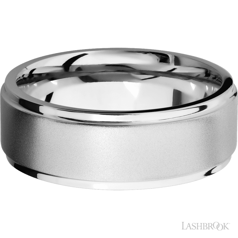 8 mm wide Flat Grooved Edges 14K White Gold band. view 3
