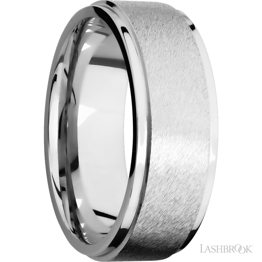 8 mm wide Flat Grooved Edges 14K White Gold band. view 2
