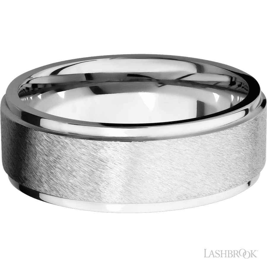 8 mm wide Flat Grooved Edges 14K White Gold band. view 3