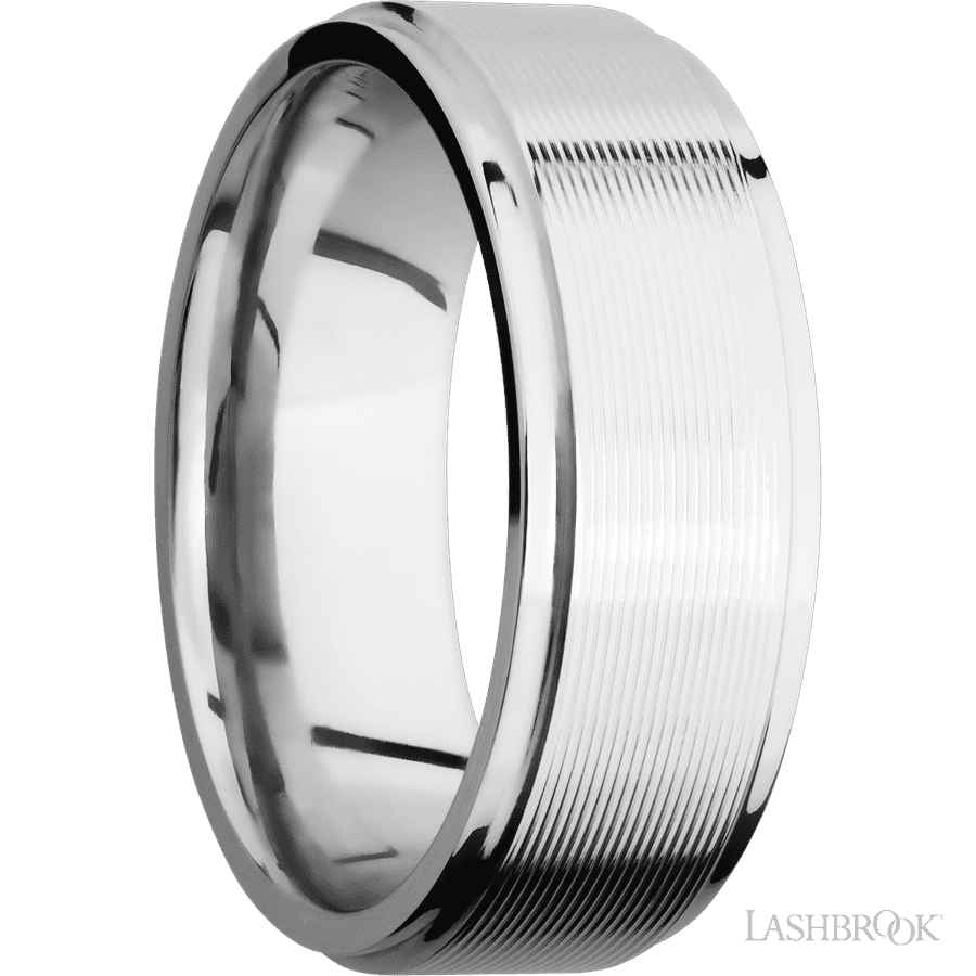 8 mm wide Flat Grooved Edges 14K White Gold band. view 2