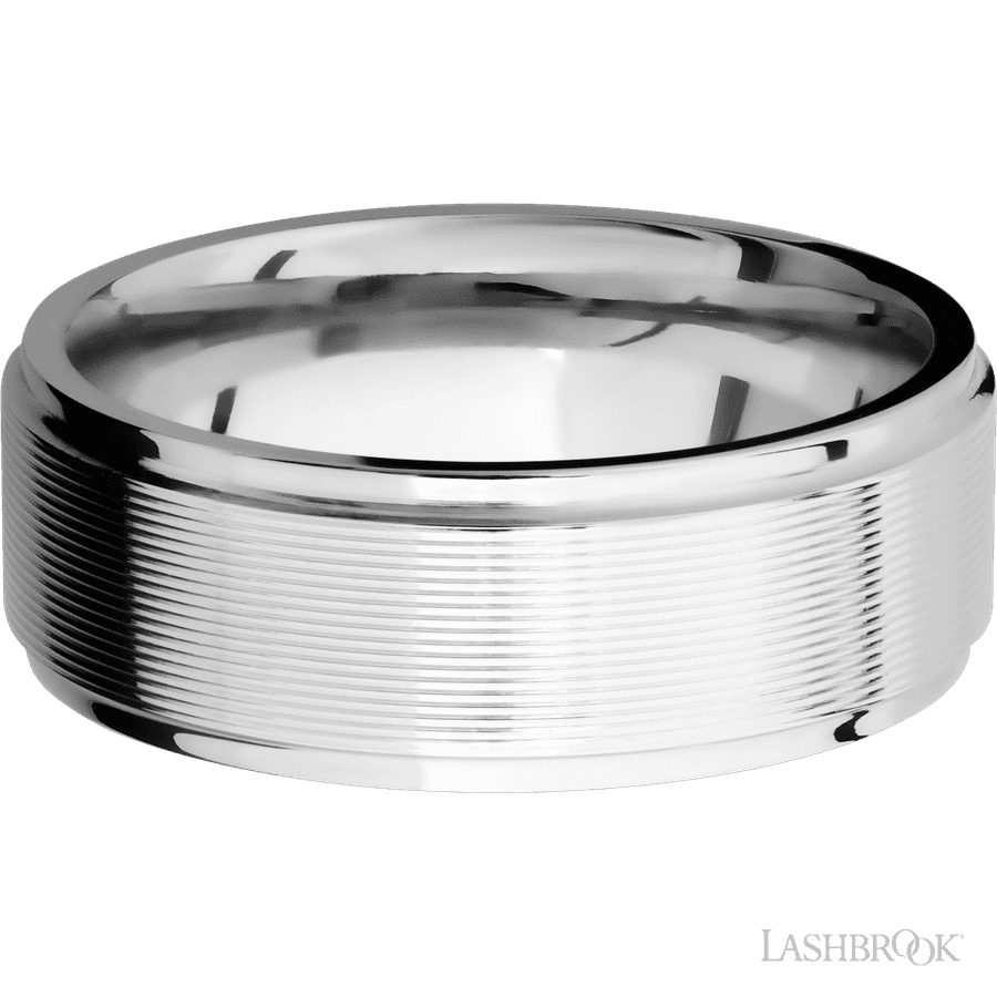 8 mm wide Flat Grooved Edges 14K White Gold band. view 3