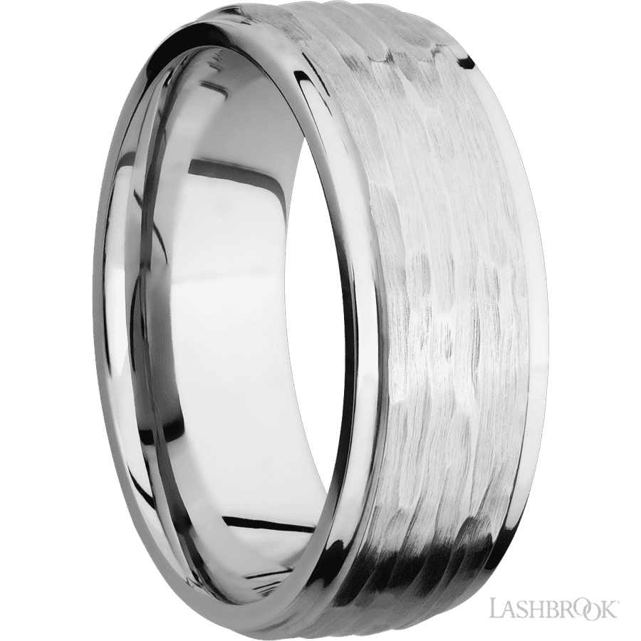 8 mm wide Flat Grooved Edges 14K White Gold band. view 2