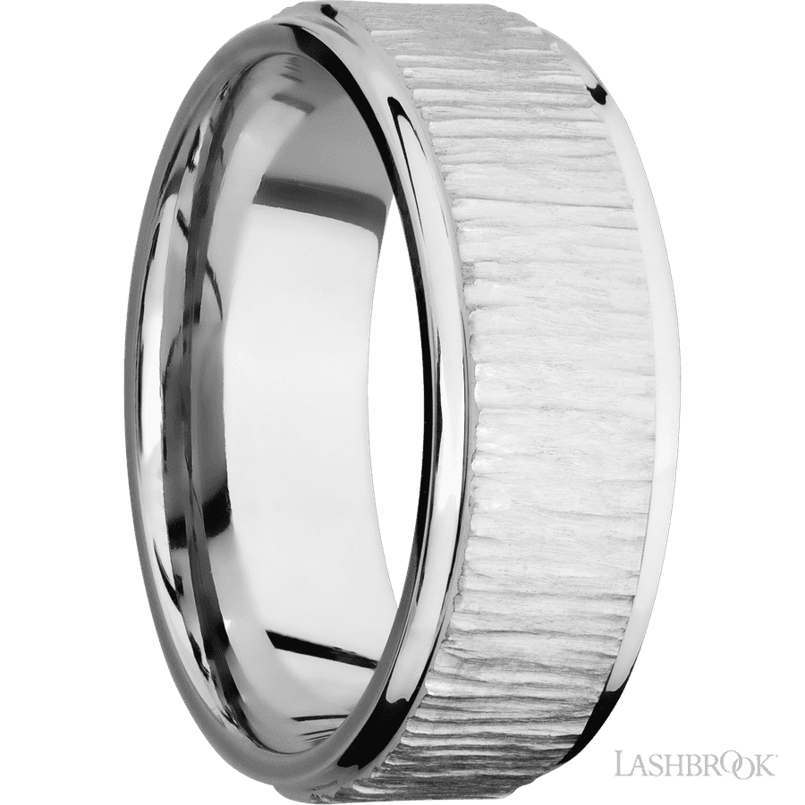 8 mm wide Flat Grooved Edges 14K White Gold band. view 2