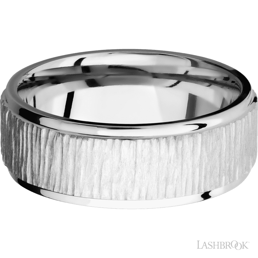 8 mm wide Flat Grooved Edges 14K White Gold band. view 3