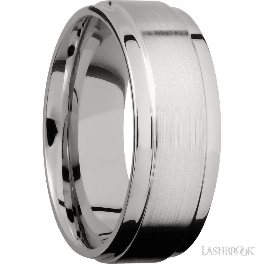 8 mm wide Flat Wide Grooved Edges 14K White Gold band. view 2