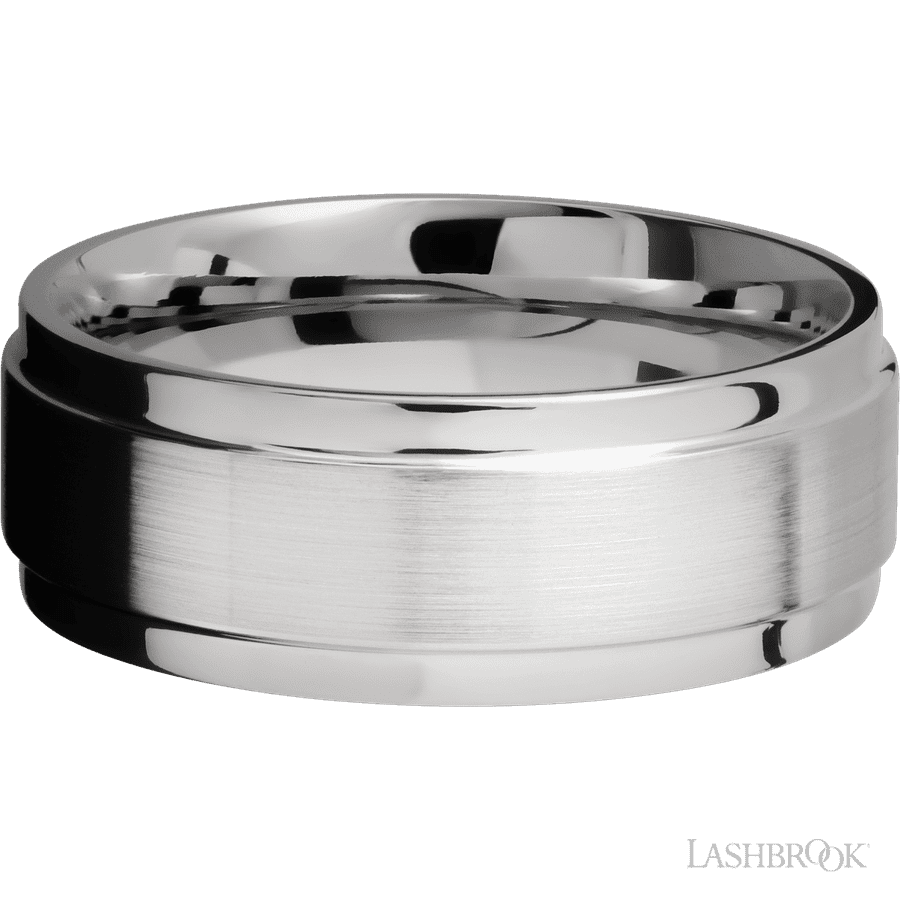8 mm wide Flat Wide Grooved Edges 14K White Gold band. view 3