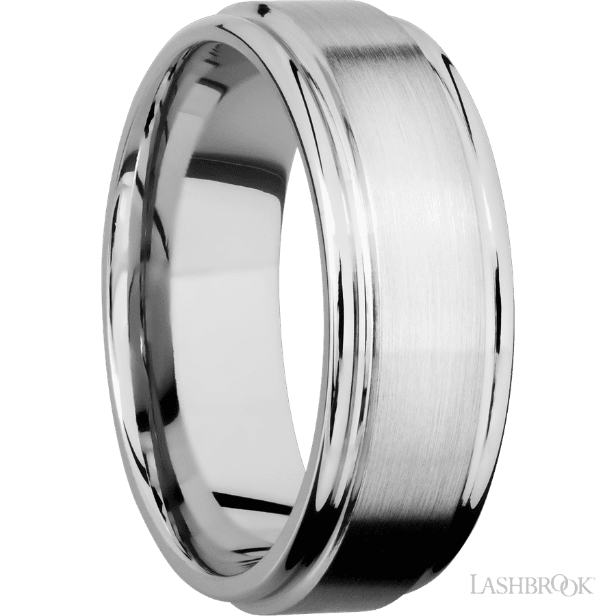 8 mm wide Flat Rounded Edges 14K White Gold band. view 2