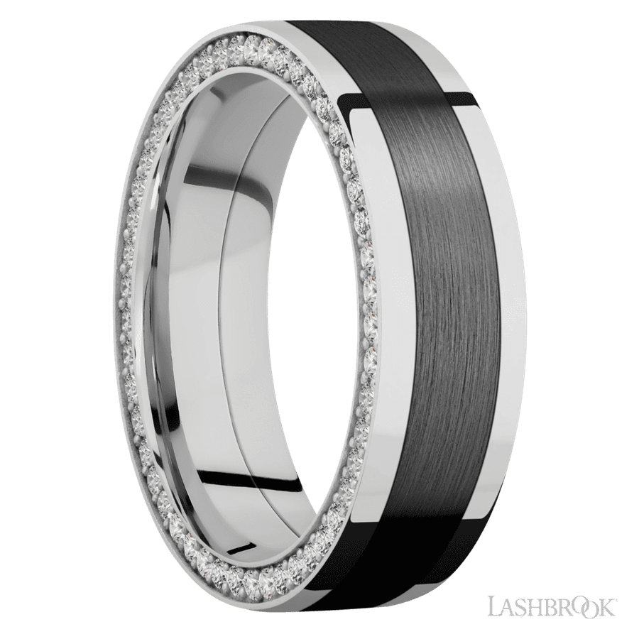 7 mm wide/Flat/14K White Gold band with  one 4 mm Centered inlay of Zirconium and featuring a Side Eternity arrangement of .01 carat Round Diamond stones in a Bead Channel setting view 2