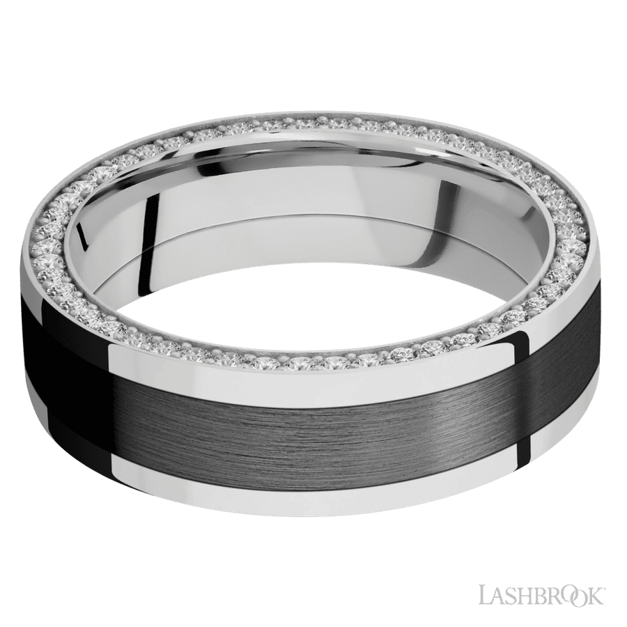 7 mm wide/Flat/14K White Gold band with  one 4 mm Centered inlay of Zirconium and featuring a Side Eternity arrangement of .01 carat Round Diamond stones in a Bead Channel setting view 3
