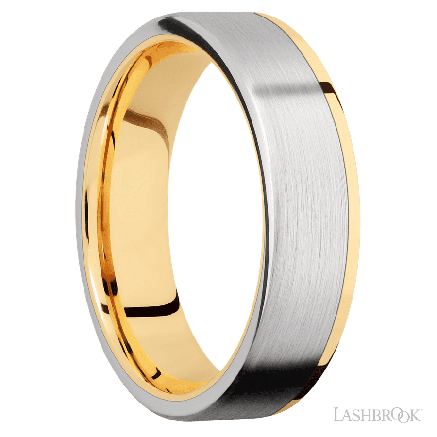 6 mm wide/Flat/14K Yellow Gold band with one 5 mm Off Center Edge inlay of Cobalt Chrome. view 2