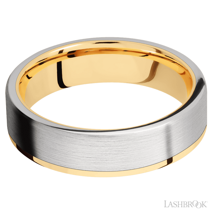 6 mm wide/Flat/14K Yellow Gold band with one 5 mm Off Center Edge inlay of Cobalt Chrome. view 3