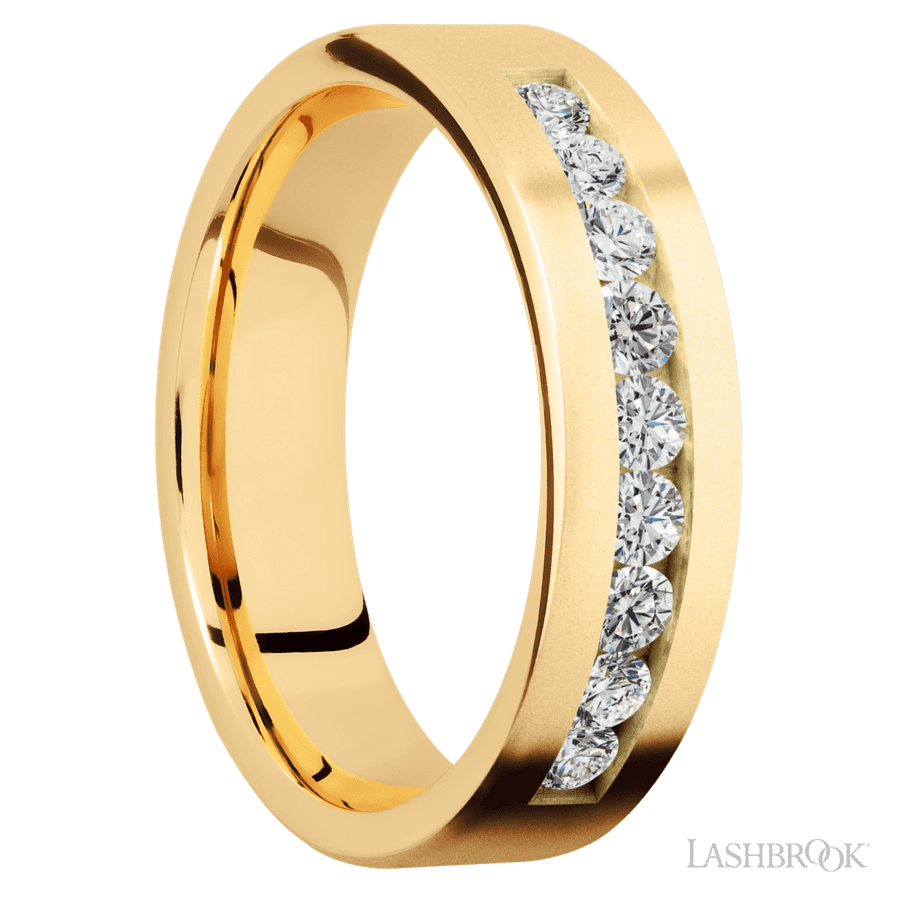 6 mm wide/Flat/14K Yellow Gold band with an  arrangement of 9, .07 carat Round Diamond stones in a Channel setting. view 2