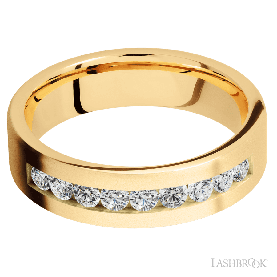 6 mm wide/Flat/14K Yellow Gold band with an  arrangement of 9, .07 carat Round Diamond stones in a Channel setting. view 3