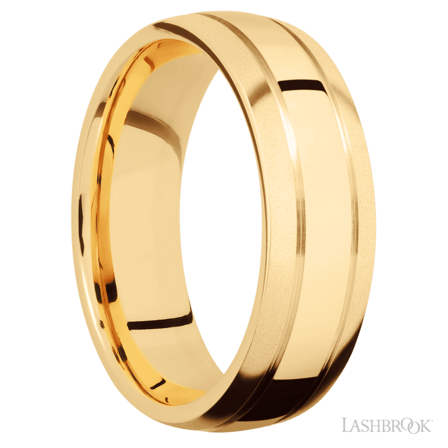 7 mm wide Domed with two accent grooves 14K Yellow Gold band. view 2