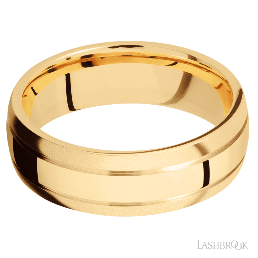 7 mm wide Domed with two accent grooves 14K Yellow Gold band. view 3