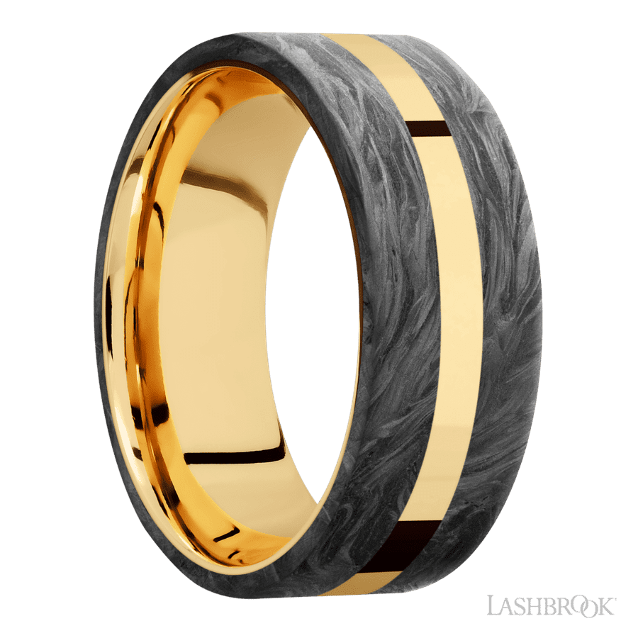 8 mm wide/Flat/14K Yellow Gold band with two 3 mm Double Off Center Edge inlays of Forged Carbon Fiber. view 2