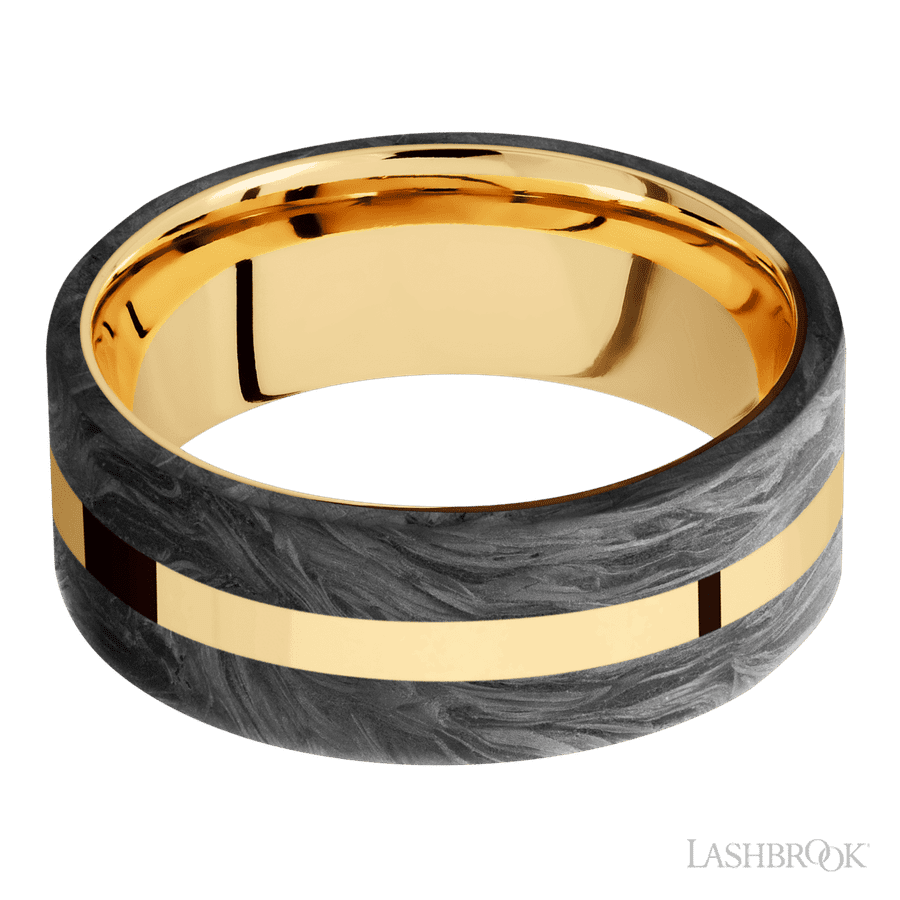 8 mm wide/Flat/14K Yellow Gold band with two 3 mm Double Off Center Edge inlays of Forged Carbon Fiber. view 3