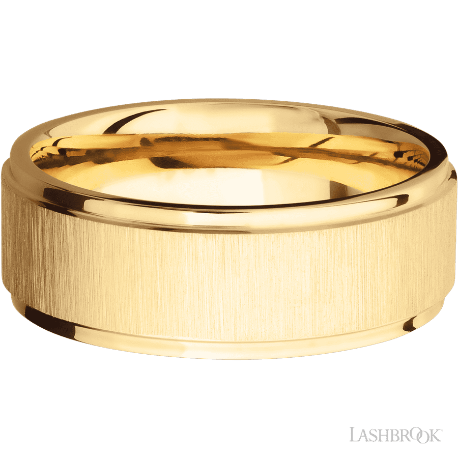 8 mm wide Flat Grooved Edges 14K Yellow Gold band. view 2