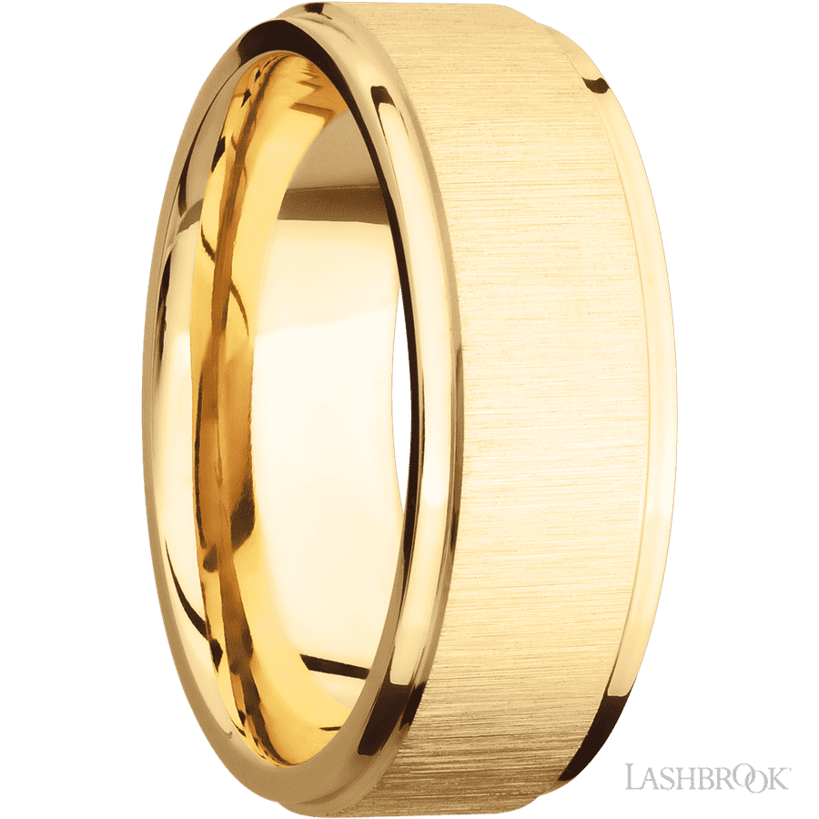8 mm wide Flat Grooved Edges 14K Yellow Gold band. view 3