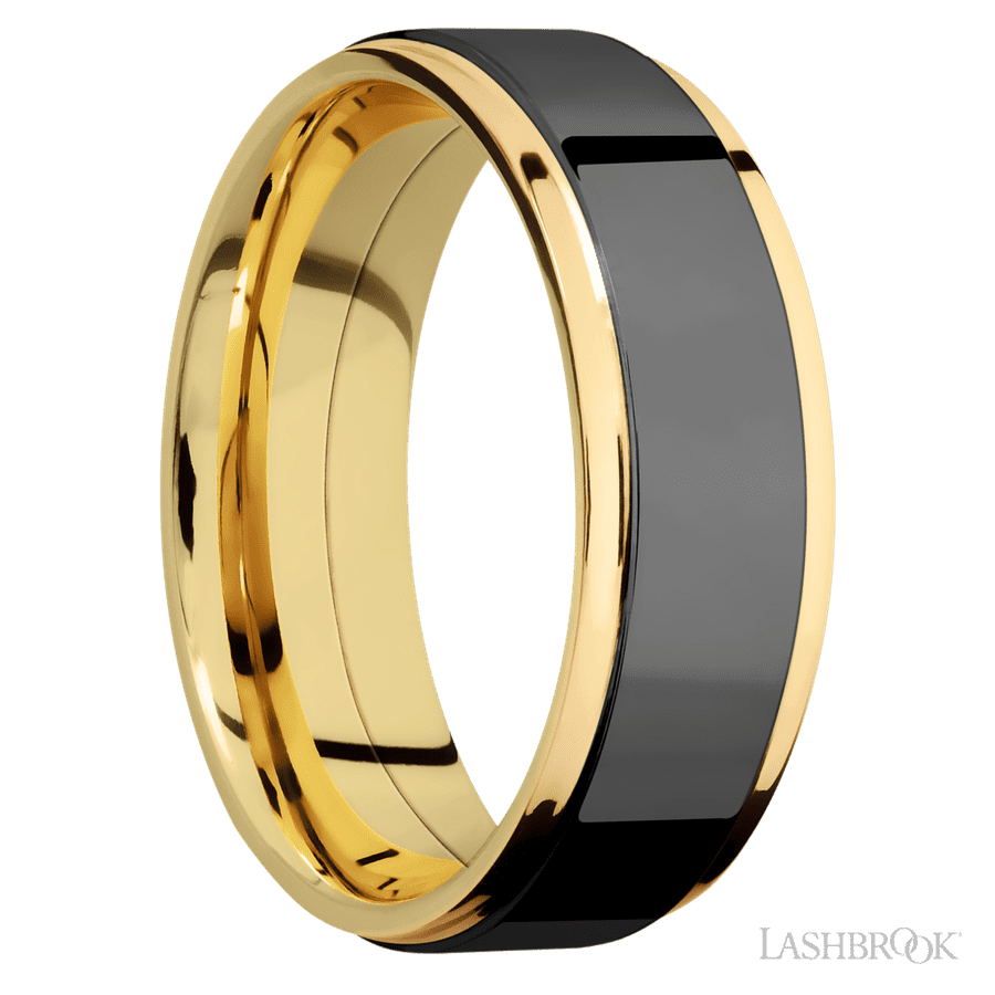 7 mm wide/Flat Grooved Edges/14K Yellow Gold band with one 5 mm Raised Centered inlay of Zirconium. view 2