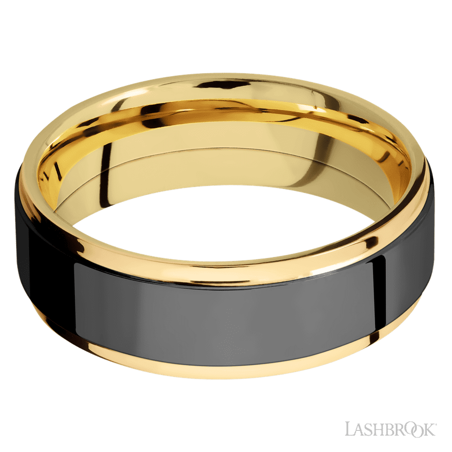 7 mm wide/Flat Grooved Edges/14K Yellow Gold band with one 5 mm Raised Centered inlay of Zirconium. view 3