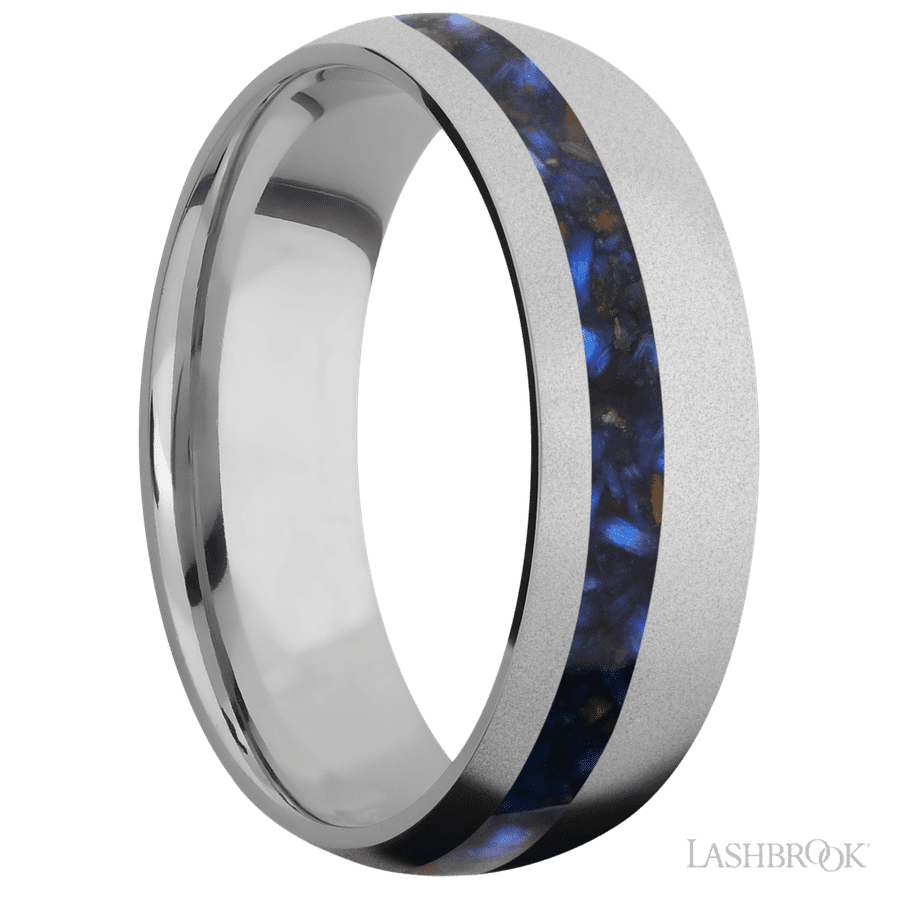 7 mm wide/Domed/Titanium band with one 2 mm Off Center inlay of Blue Tiger Eye. view 2