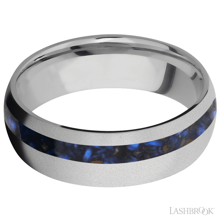 7 mm wide/Domed/Titanium band with one 2 mm Off Center inlay of Blue Tiger Eye. view 3
