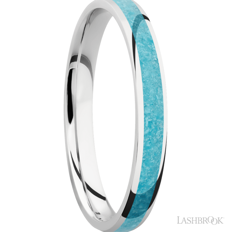 3 mm wide/Domed/Cobalt Chrome band with one 2 mm Centered inlay of Turquoise. view 2