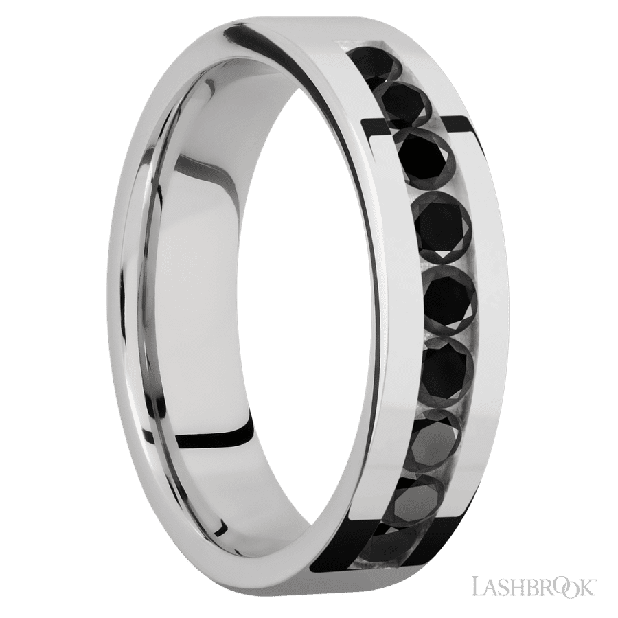 6 mm wide/Flat/Cobalt Chrome band with an  arrangement of 9, .1 carat Round Black Diamond stones in a Channel setting. view 2