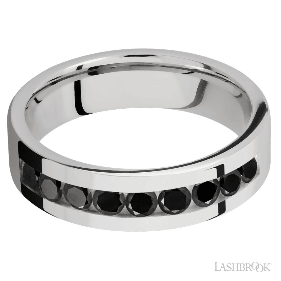 6 mm wide/Flat/Cobalt Chrome band with an  arrangement of 9, .1 carat Round Black Diamond stones in a Channel setting. view 3