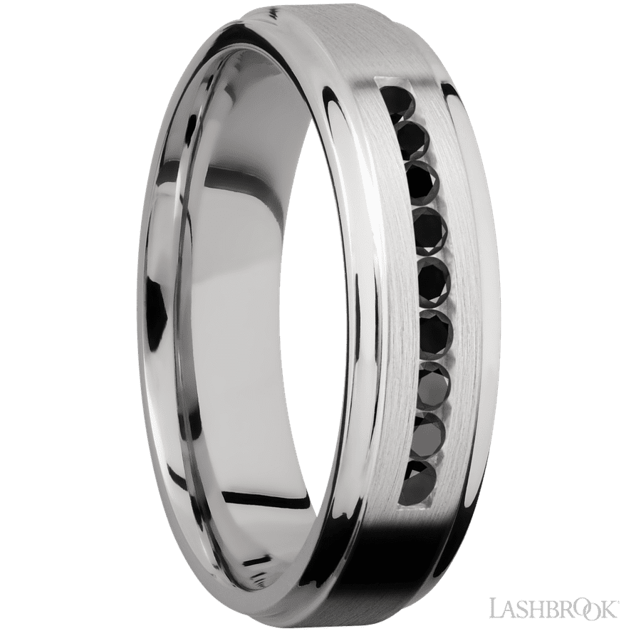 6 mm wide/Flat Grooved Edges/Cobalt Chrome band with an  arrangement of 9, .03 carat Round Black Diamond stones in a Channel setting. view 2