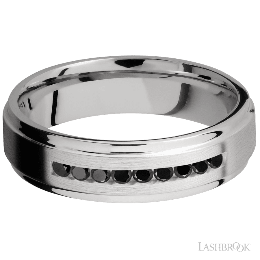 6 mm wide/Flat Grooved Edges/Cobalt Chrome band with an  arrangement of 9, .03 carat Round Black Diamond stones in a Channel setting. view 3