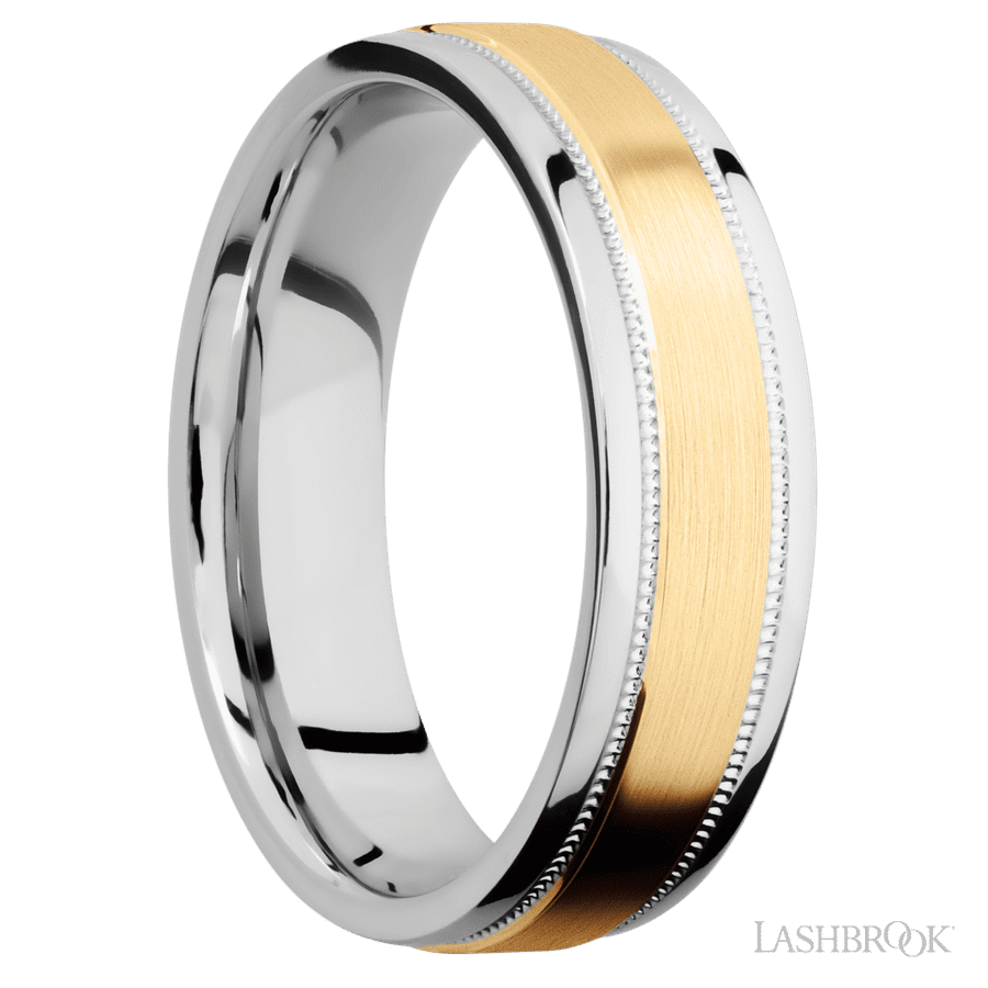6 mm wide/Flat Stepped Edges Milgrain/Cobalt Chrome band with one 3 mm Raised Centered inlay of 14K Yellow Gold. view 2