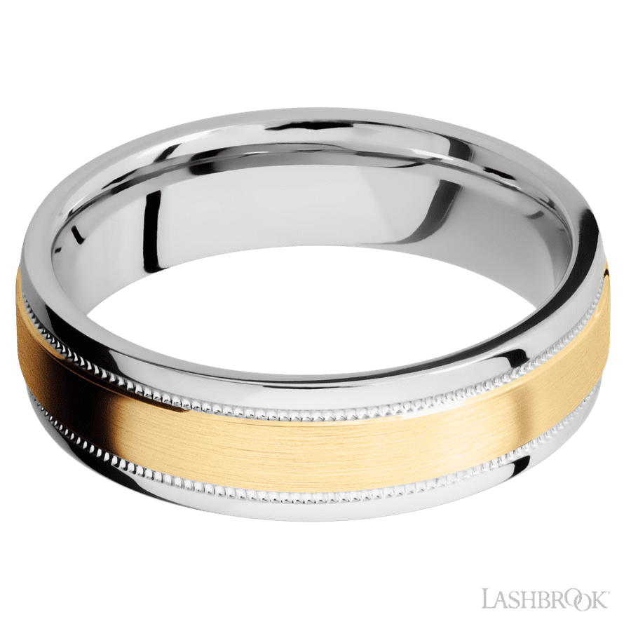 6 mm wide/Flat Stepped Edges Milgrain/Cobalt Chrome band with one 3 mm Raised Centered inlay of 14K Yellow Gold. view 3