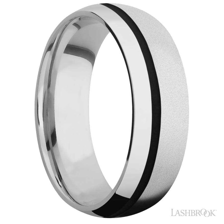 7 mm wide/Domed/Cobalt Chrome band with one 1 mm Off Center inlay of Black. view 2