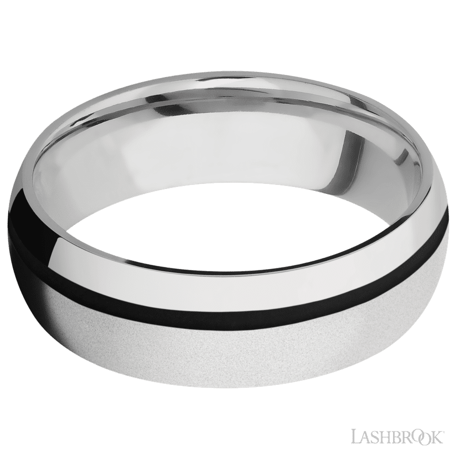 7 mm wide/Domed/Cobalt Chrome band with one 1 mm Off Center inlay of Black. view 3