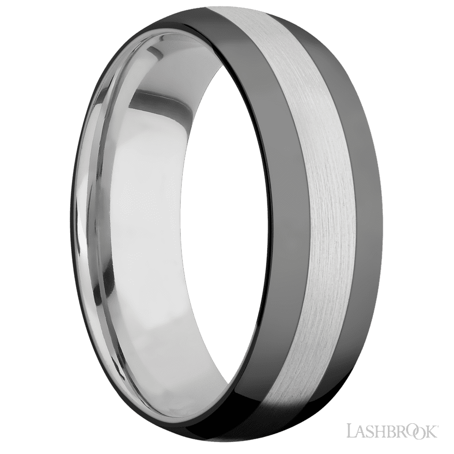 7 mm wide/Domed/Cobalt Chrome band with two 2 mm Double Off Center Edge inlays of Zirconium. view 2