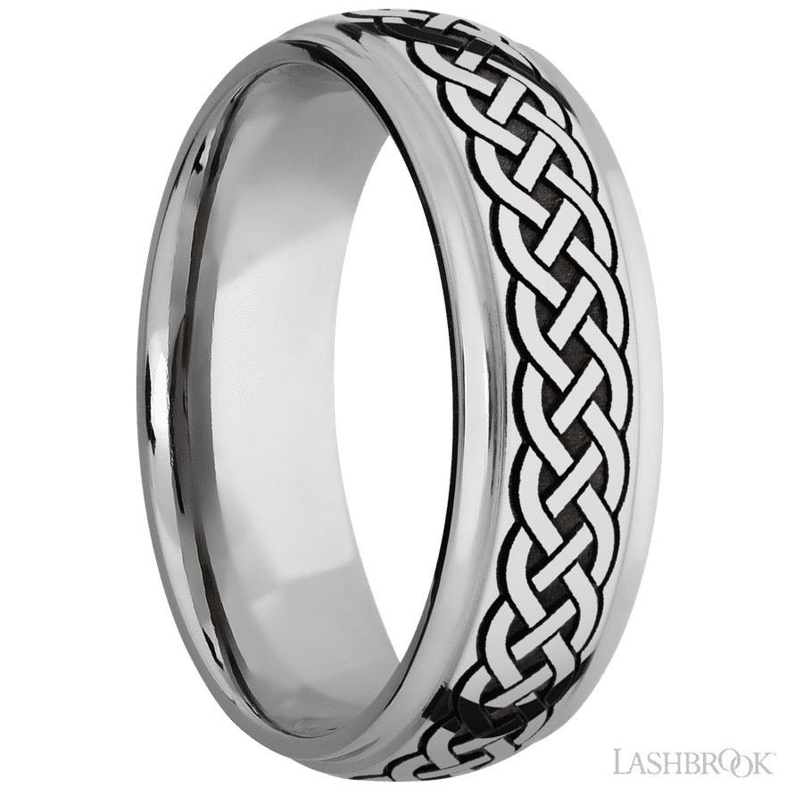 7 mm wide/Domed Stepped Down Edges/Cobalt Chrome band with a laser carved Celtic 9 pattern. view 2
