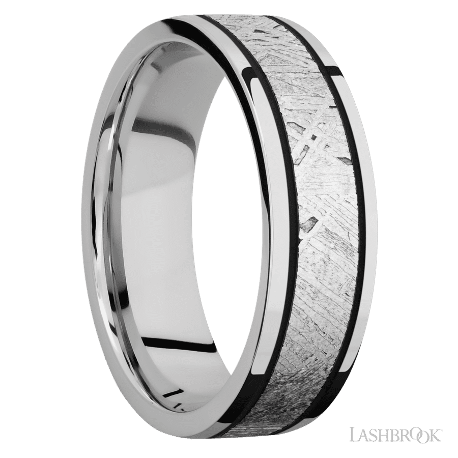 7 mm wide/Flat/Cobalt Chrome band with one 4 mm Centered inlay of Meteorite. view 2