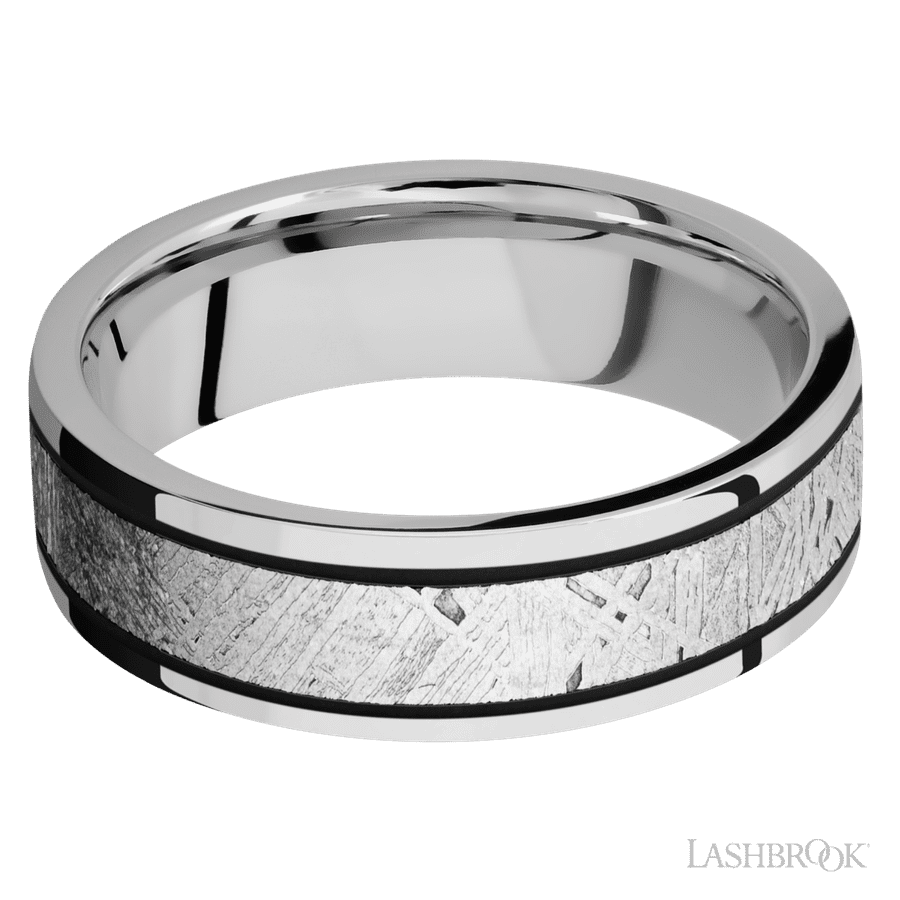 7 mm wide/Flat/Cobalt Chrome band with one 4 mm Centered inlay of Meteorite. view 3