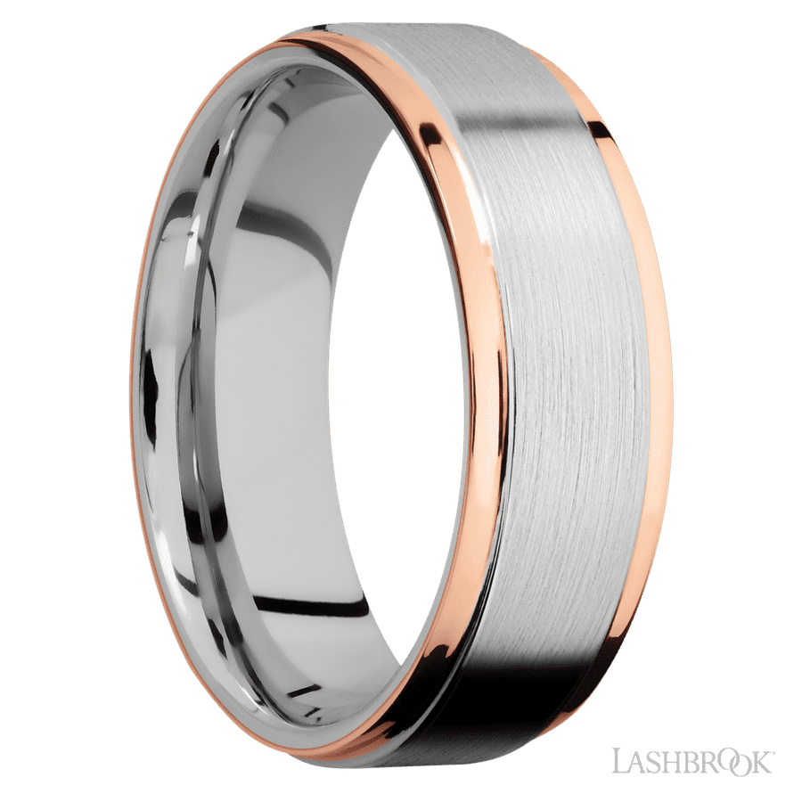 7 mm wide/Flat Grooved Edges/Cobalt Chrome band with two 1 mm Edge inlays of 14K Rose Gold. view 2