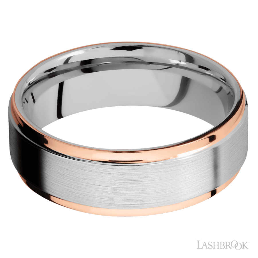 7 mm wide/Flat Grooved Edges/Cobalt Chrome band with two 1 mm Edge inlays of 14K Rose Gold. view 3