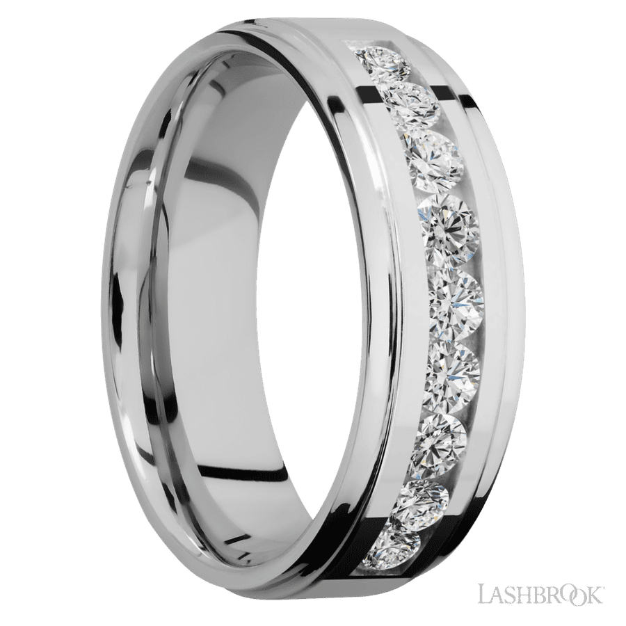 7 mm wide/Flat Grooved Edges/Cobalt Chrome band with an  arrangement of 9, .1 carat Round Diamond stones in a Channel setting. view 2