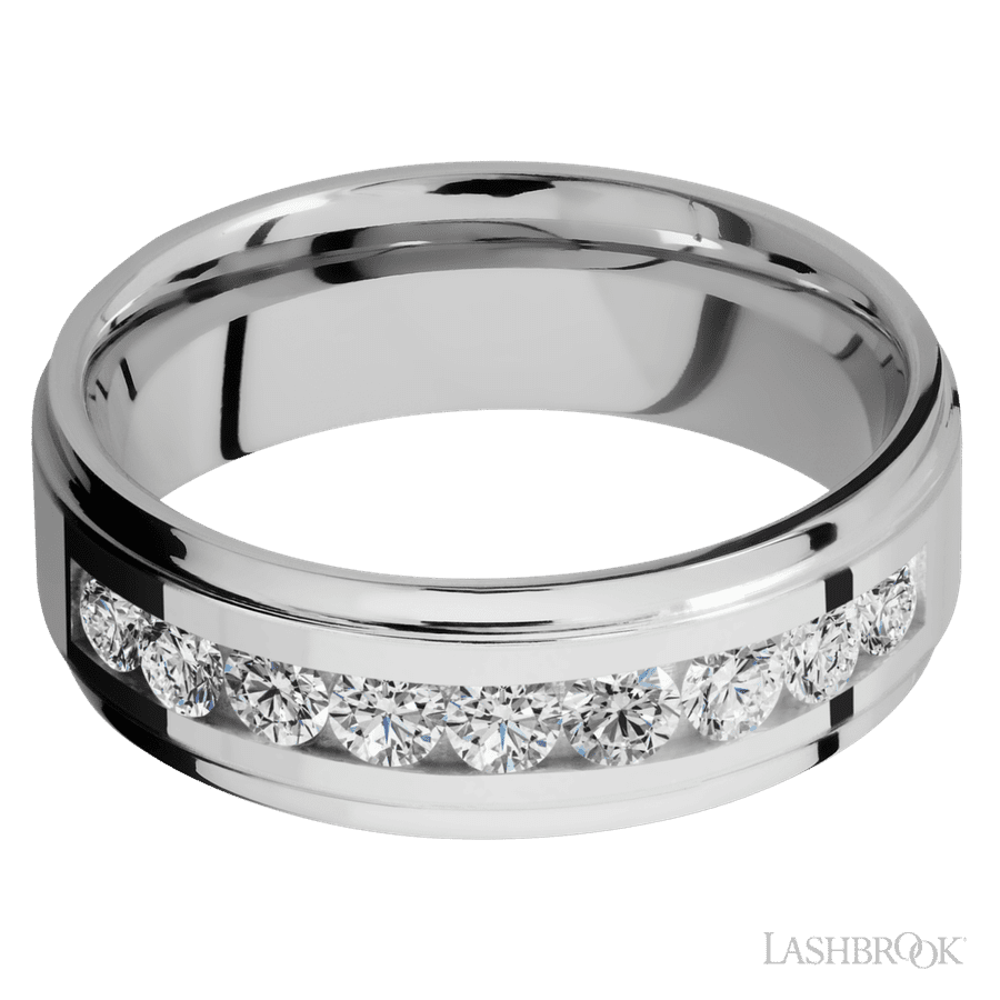7 mm wide/Flat Grooved Edges/Cobalt Chrome band with an  arrangement of 9, .1 carat Round Diamond stones in a Channel setting. view 3