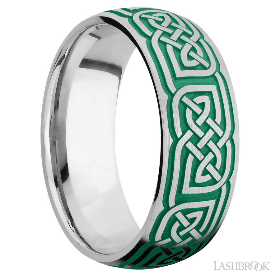 8 mm wide/Domed/Cobalt Chrome band with a laser carved Celtic 17 pattern. view 2