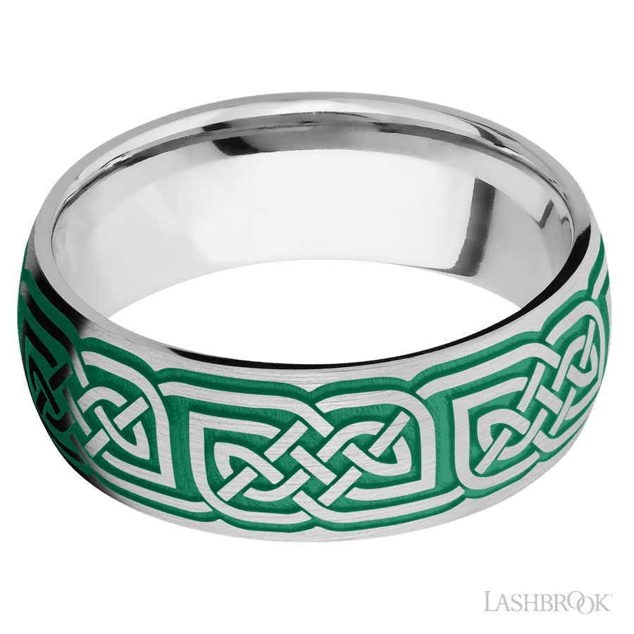 8 mm wide/Domed/Cobalt Chrome band with a laser carved Celtic 17 pattern. view 3