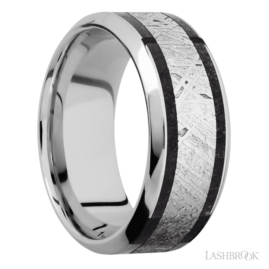 9 mm wide/High Bevel/Cobalt Chrome band featuring inlays of Dinosaur Bone Black and Meteorite. view 2