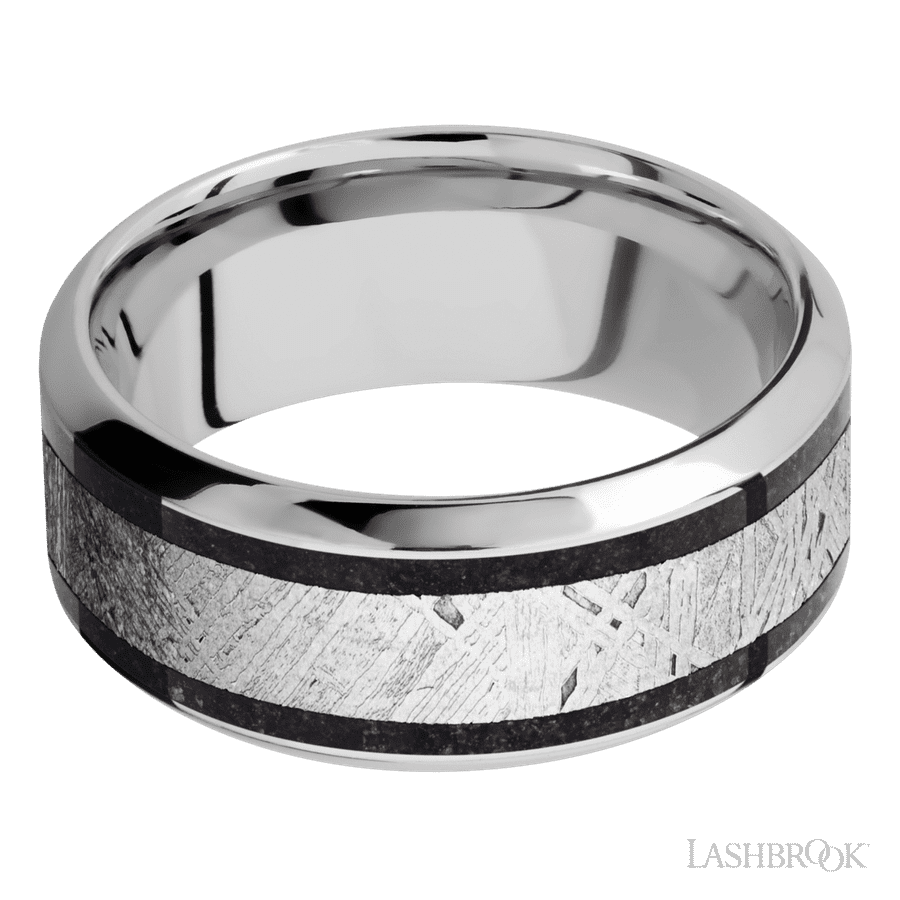 9 mm wide/High Bevel/Cobalt Chrome band featuring inlays of Dinosaur Bone Black and Meteorite. view 3