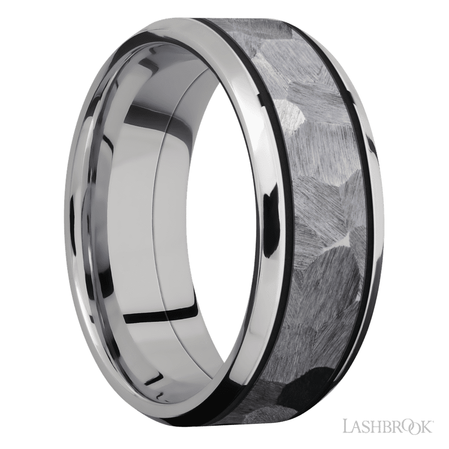 8 mm wide/Beveled/Cobalt Chrome band with one 5 mm Centered inlay of Tantalum. view 2